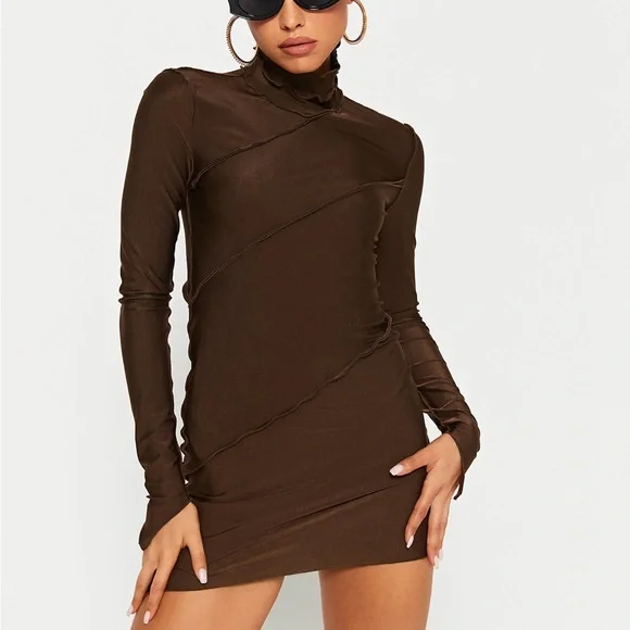 knee length dresses for ladies Frill Printed Mock Neck Long Sleeve Mini Dress main image 1